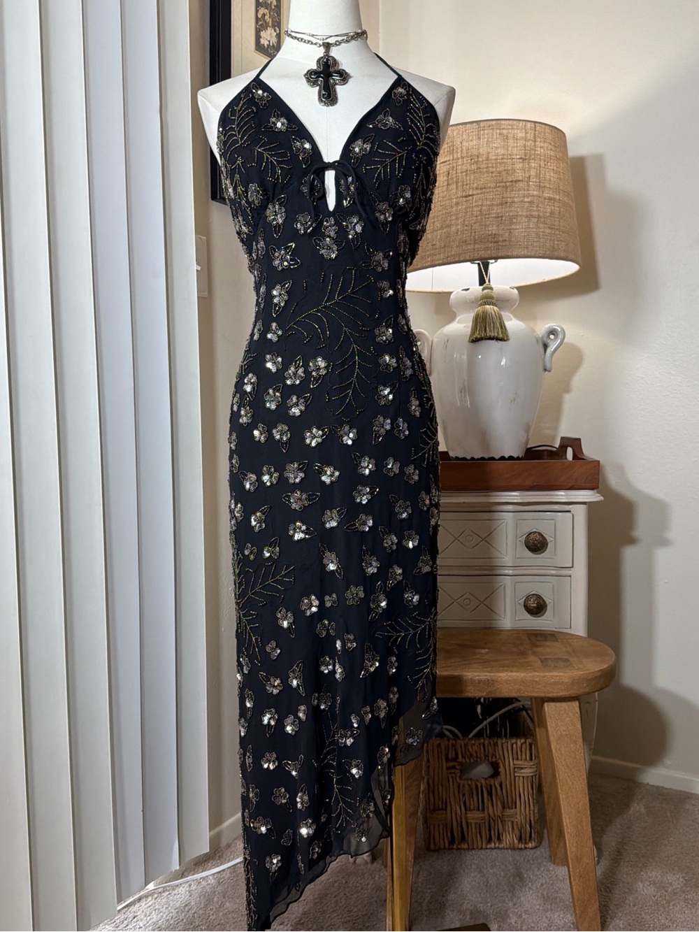 Cache Beaded Sequin Halter Asymmetrical Maxi Dress